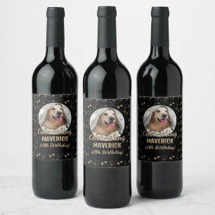 Custom Black Gold Photo Paw Print Dog Birthday Wine Label
