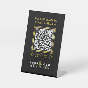 Custom Black Gold QR Company Business Logo Review Pedestal Sign