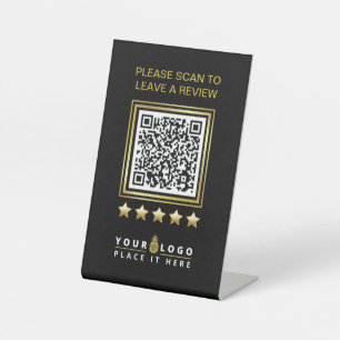 Custom Black Gold QR Company Business Logo Review Pedestal Sign