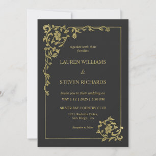 Custom Black Gold Royal Ancient Decoration Wedding Invitation