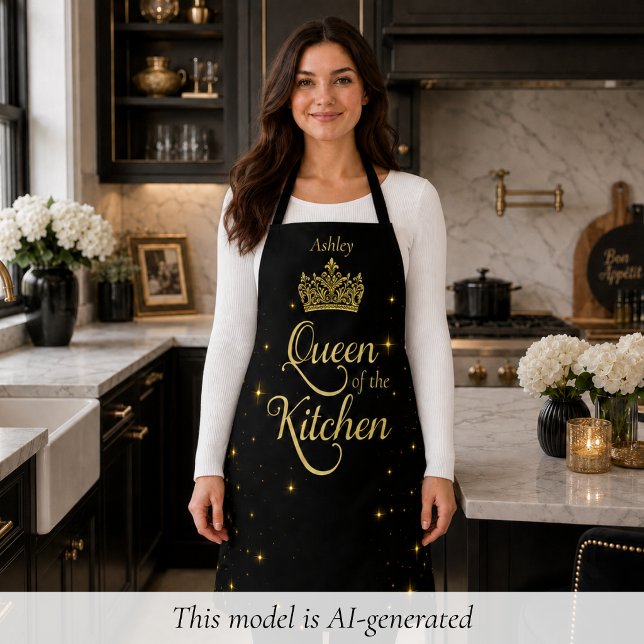 Custom Black Gold Sparkly Queen of the Kitchen Apron (elegant black gold sparkly queen of the kitchen personalized apron with custom name)