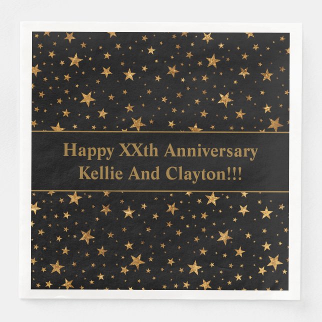 Custom Black/Gold Stars Wedding Anniversary Napkin (Front)