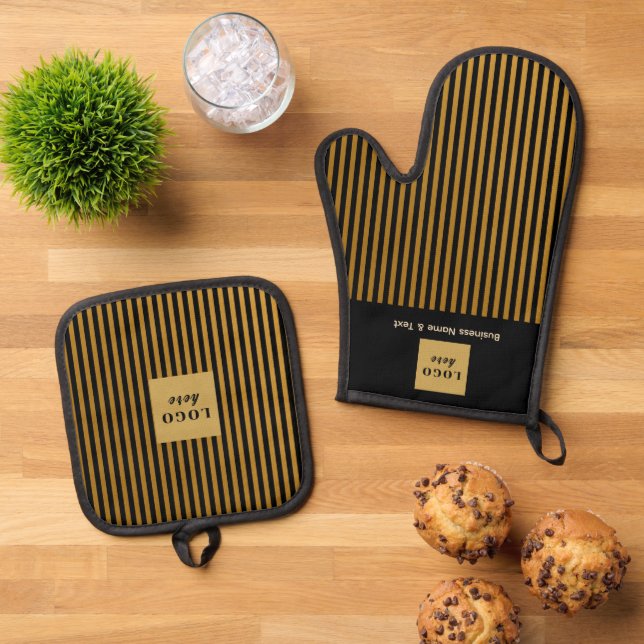 Custom Black & Gold Stripe  Oven Mitt & Pot Holder Set (Top Down)