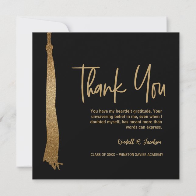 Custom Black Gold Tassel Unique Graduation Thank You Card (Front)
