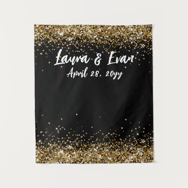 Custom Black Gold & White Wedding Photo Booth Prop Tapestry (Front)