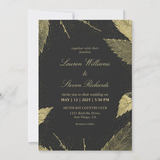 Custom Black Golden Winter Leaves Wedding Invitation (Front)