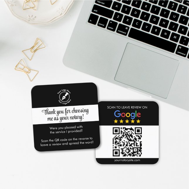 Custom Black Google Review QR Code Thanks Notary Square Business Card (Creator Uploaded)