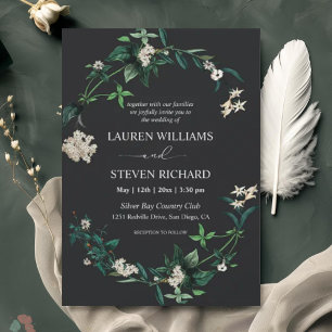 Custom Black Green Leaves White Flowers Premium Invitation
