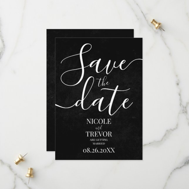 Custom Black Grunge Texture Wedding Save The Date (Front/Back In Situ)
