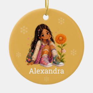 Custom Black Hair Girl Name Ceramic Tree Decoration