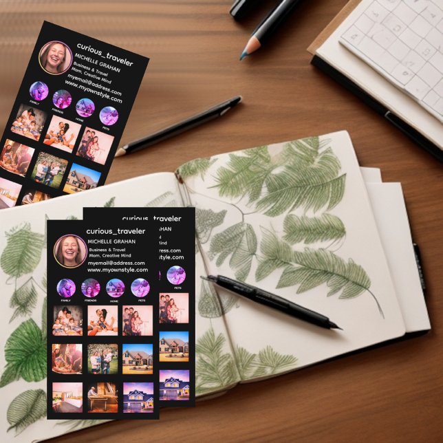 Custom black Instagram photo grid collage Business Card (Black instagram promotional business card. Increase engagement, followers and likes.)