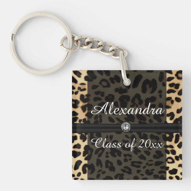 Custom Black Leopard Ribbon Jewel Girl Graduation Key Ring (Front)
