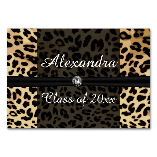Custom Black Leopard Ribbon Jewel Girl Graduation Table Number (Front)