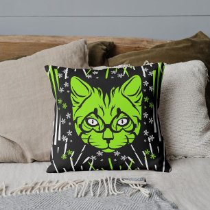 Custom Black Lime White Black Modern Cat Pattern Cushion
