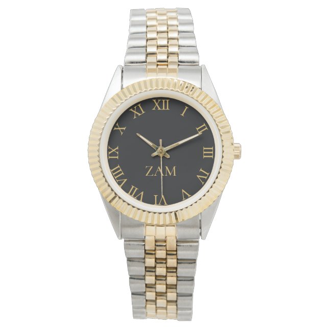 Custom Black Monogrammed Gold Silver Tone Bracelet Watch (Front)