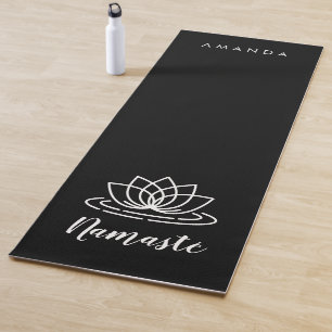 Custom black Namasté yoga mat with Lotus flower