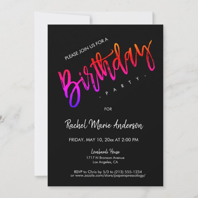 Custom Black Neon Minimal Script Birthday Party  Invitation (Front)