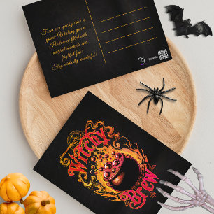 Custom Black Orange Antique Script Halloween Witch Postcard