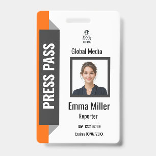 Custom Black & Orange Media Pass Press ID Badge