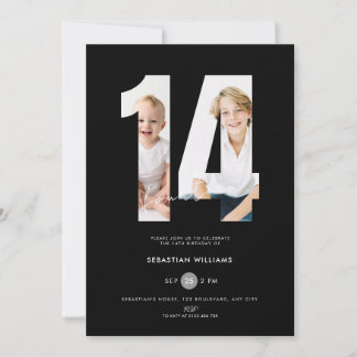 Custom Black Photo 14th Birthday Invitation Boys