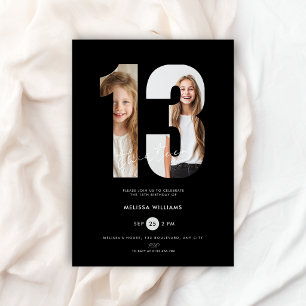 Custom Black Photo Girls Number 13th Birthday Invitation