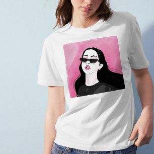 Custom Black Pink Modern Girl Graphic Printed T-Shirt