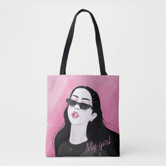 Custom Black Pink Modern Girl Graphic Printed Tote Bag (Front)