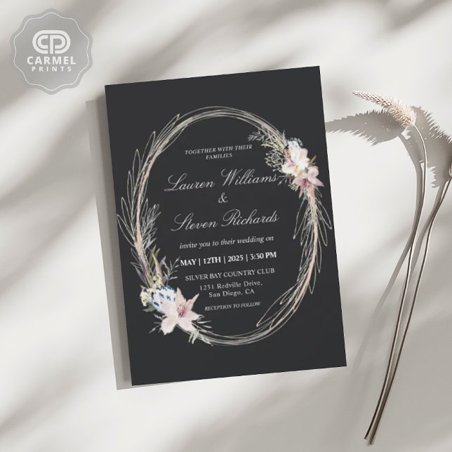 Custom Black Pink Whimsical Wreath Floral Premium Invitation (Custom Black Pink Whimsical Wreath Floral Premium Invitation)