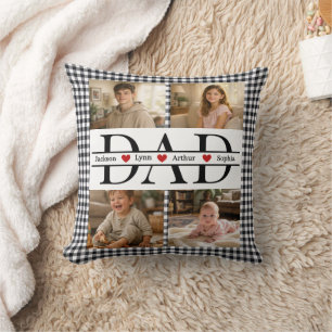 Custom Black Plaid Modern 4 Photo Collage Dad Gift Cushion