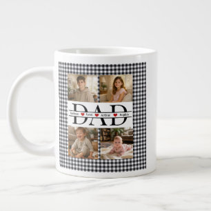 Custom Black Plaid Modern 4 Photo Collage Dad Gift Large Coffee Mug