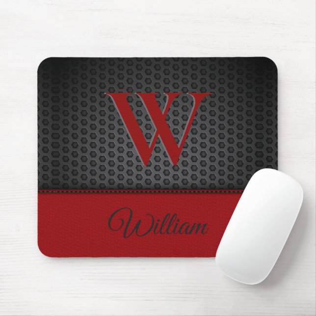 Custom Black Red Faux Leather Monogrammed Initial  Mouse Mat (With Mouse)