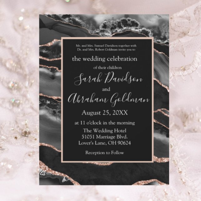 Custom Black Rose Gold Foil Agate Wedding Invitation (Creator Uploaded)
