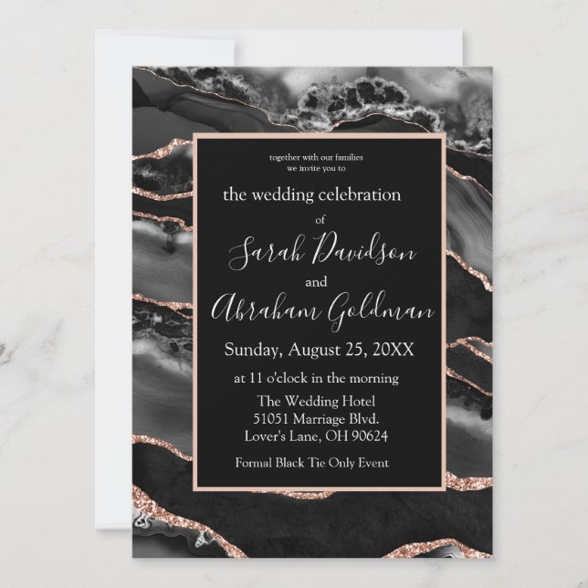 Custom Black Rose Gold Foil Agate Wedding Invitation (Front)