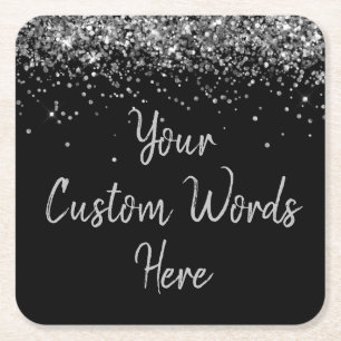 Custom Black Silver Birthday Party Favour Glitter  Square Paper Coaster