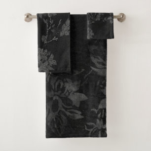 CUSTOM BLACK SILVER FLORAL BATHROOM TOWEL SET
