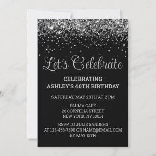 Custom Black & Silver Glitter 40th Birthday Party Invitation