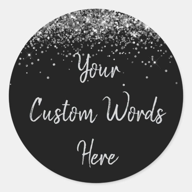 Custom Black & Silver Glitter Birthday Party Favou Classic Round Sticker (Front)