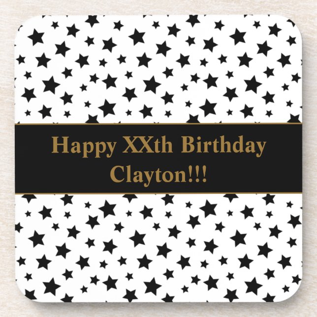 Custom Black Stars With Message Birthday Party Coaster (Front)