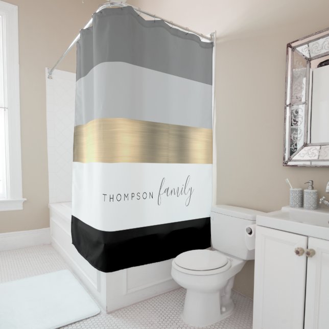 Custom Black striped gold family name Shower Curtain (In Situ)