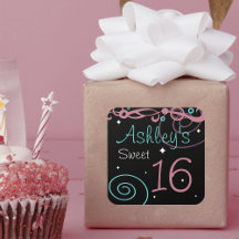 Custom Black Sweet 16 Birthday Party Stickers