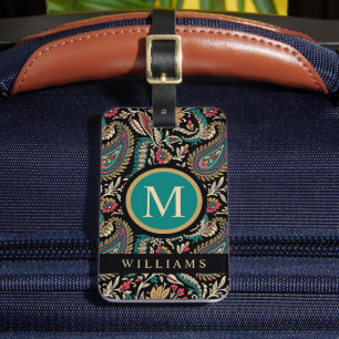 Custom Black Teal Blue Green Gold Paisley Pattern Luggage Tag