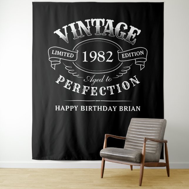 Custom Black Vintage Aged To Perfection Birthday Tapestry (In Situ)