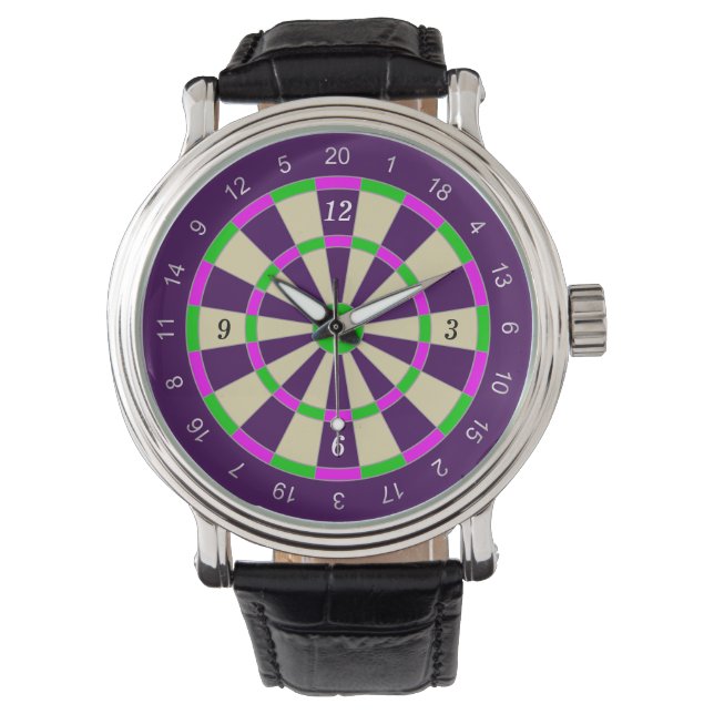 Custom Black Vintage Leather (Dart Board Design) Watch (Front)