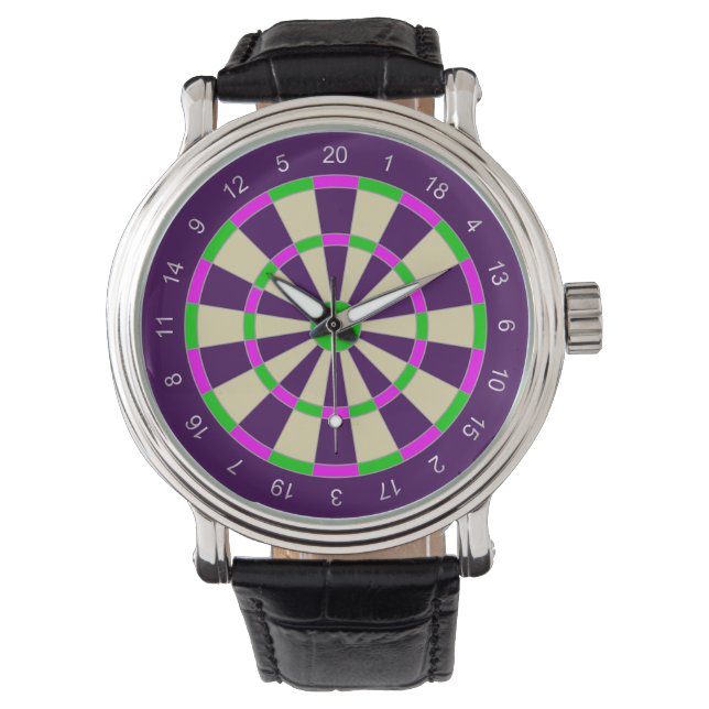Custom Black Vintage Leather (Dart Board Design) Watch (Front)