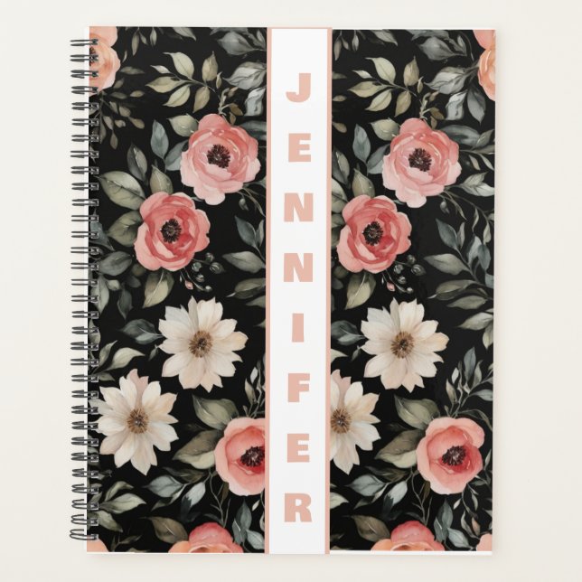 Custom black watercolor floral  planner (Front)