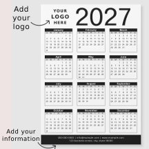 Custom Black White 2027 Calendar & Business Logo