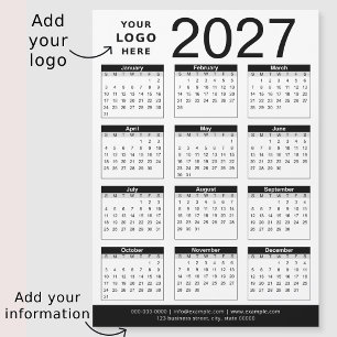 Custom Black White 2027 Calendar & Business Logo