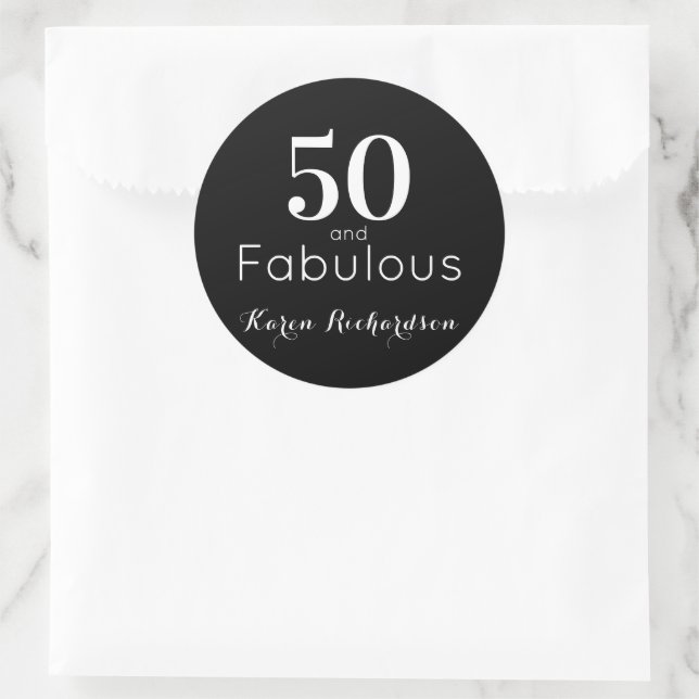 Custom Black & White 50 & Fabulous Birthday Party Classic Round Sticker (Bag)