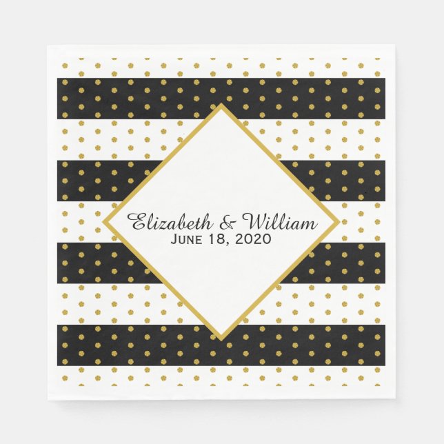 Custom Black White and Gold Wedding Napkin (Front)