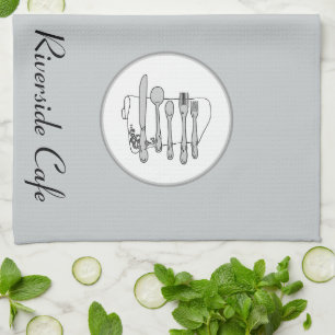 Custom Black, White and Gray Silverware Design Tea Towel